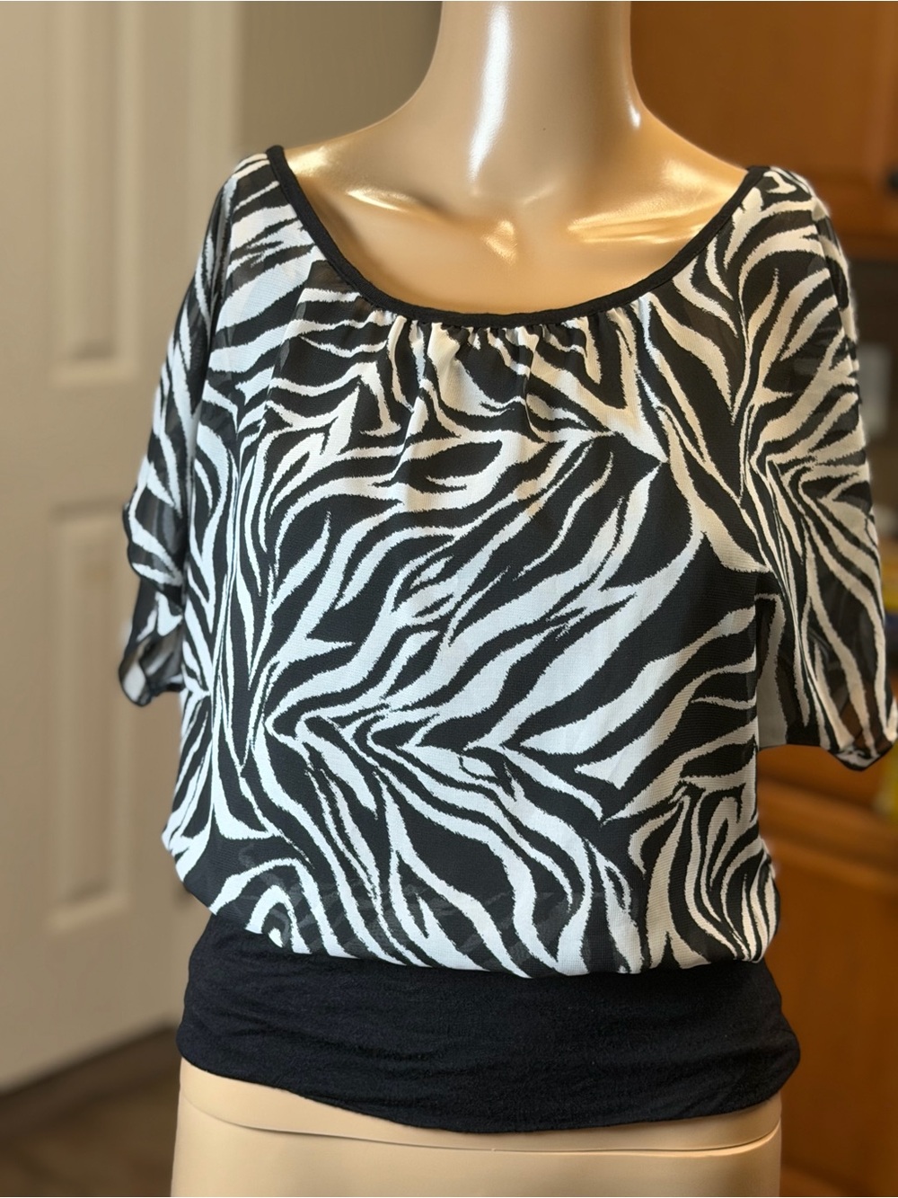 A. Byer Black & White Zebra Print Scoop Neck Top